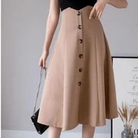 new women casual sweet ruffles high waist single breasted skirts spring midi pleated skirt summer slim solid color a line skirts