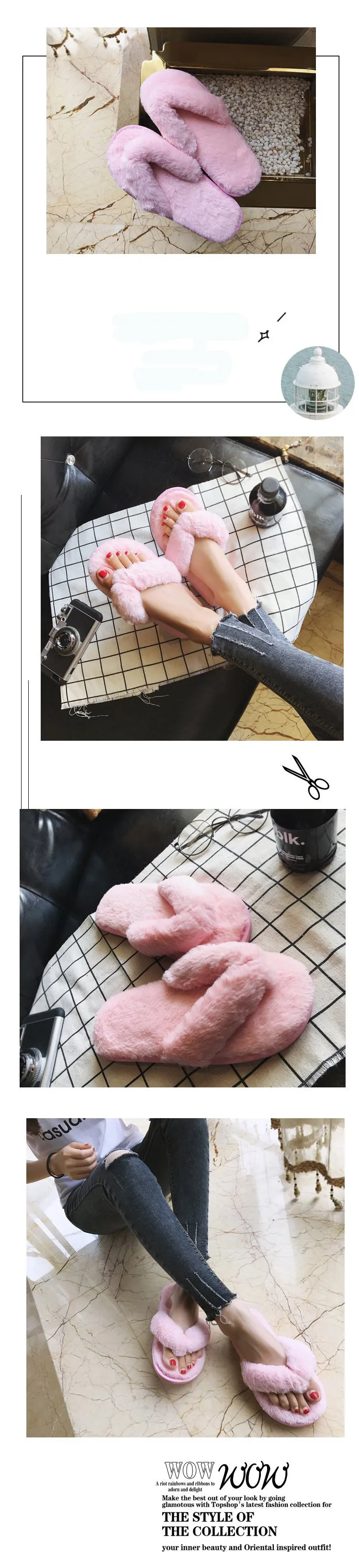 Женские зимние теплые хлопковые тапочки; модные Pantufa; черный плюшевый Вьетнамки; женские меховые шлепанцы; женские пушистые домашние меховые Тапочки