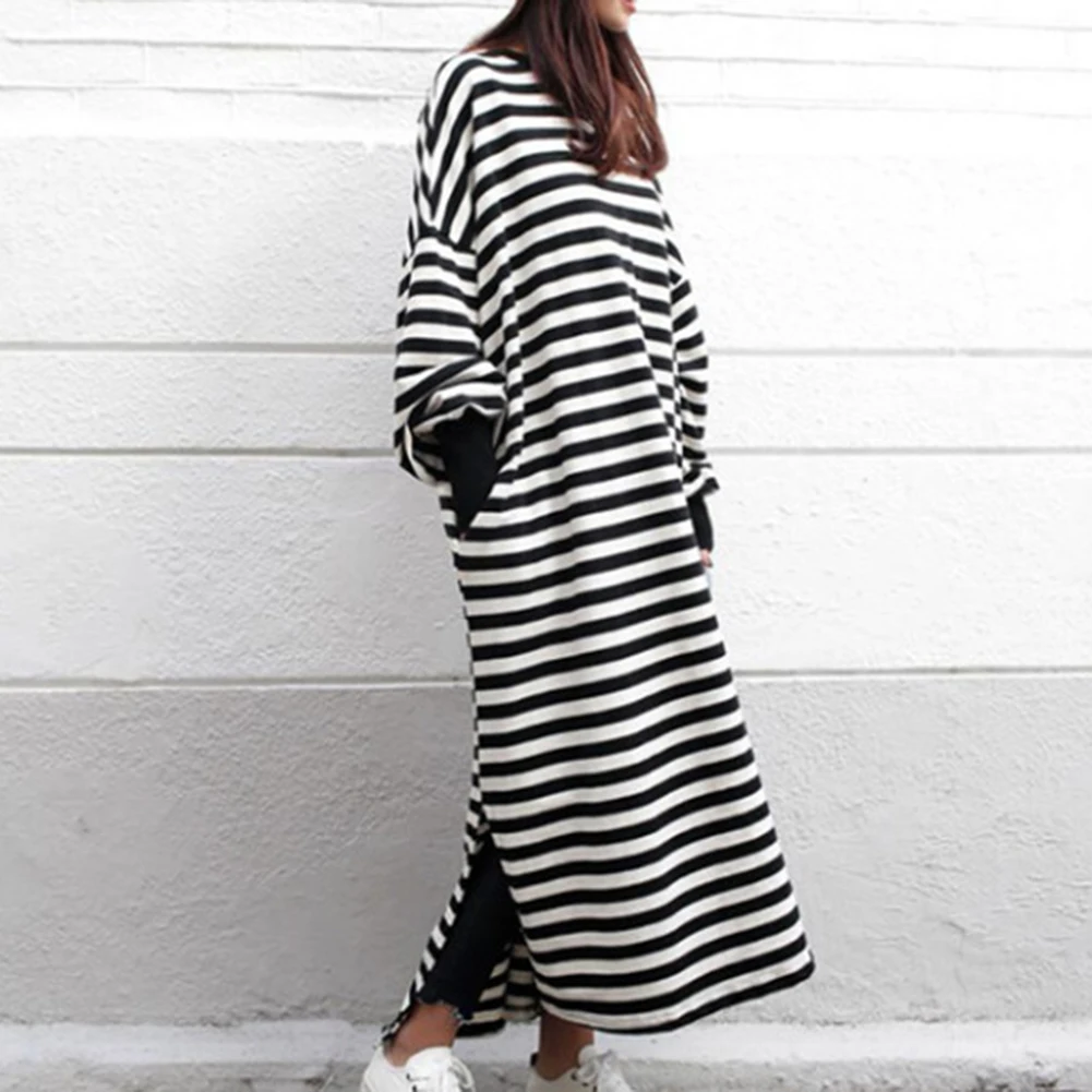 Платье женское длинное в полоску повседневный Свободный пуловер с круглым