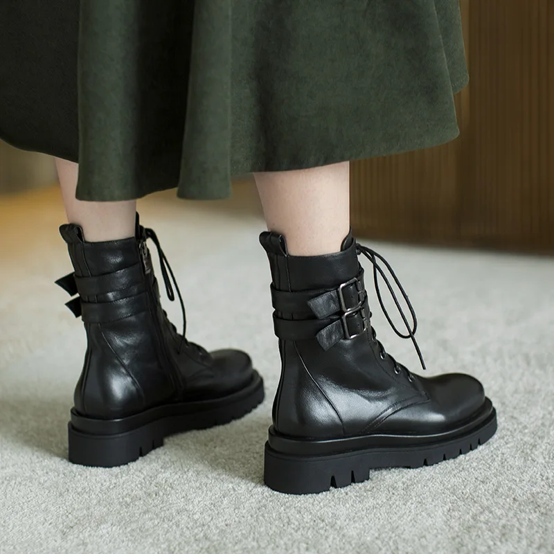 Beli Sepatu Bot Pergelangan Kaki Berenda Ujung Bundar Baru Musim Gugur 2020 Hak Sedang Platform Kulit Sapi Asli Sepatu Bot Pergelangan Kaki Wanita