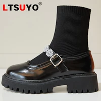 new winter mary jane socks and boots fashionable casual leather shoes student womens shoes thick soled womens leather shoes