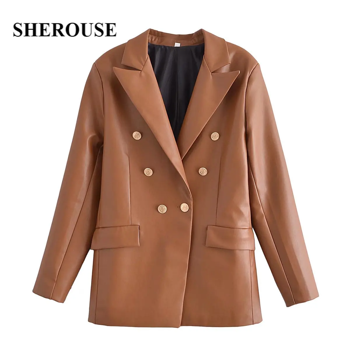 

SHEROUSE Women Fashion PU Solid Double Breasted Blazer Vintage Notched Neck Long Sleeves Office Lady Suit veste femme