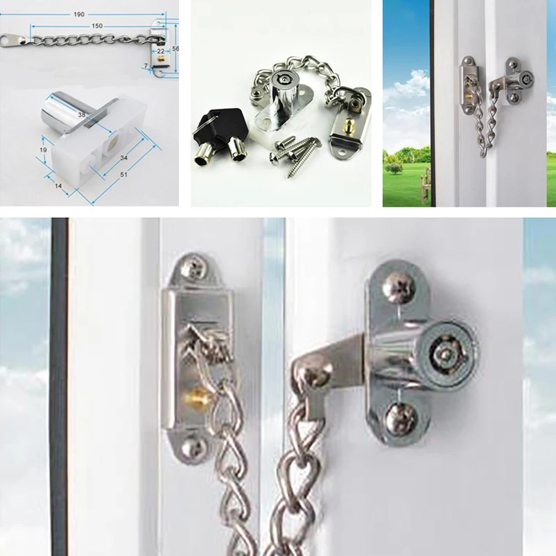 

Silver Stainless Steel Window Chain Lock Guard Door Restrictor Child Safety Security Chain Lock With Key Set