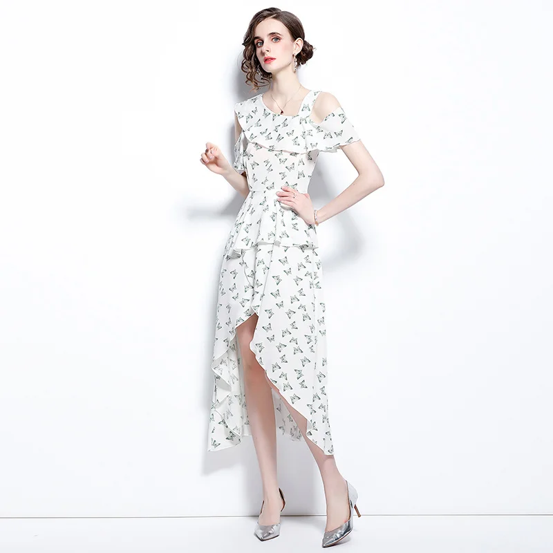 

Летнее женское платье во французском уличном стиле с косым воротником и принтом, платье с оборками и открытыми плечами, Новые Женские прита...