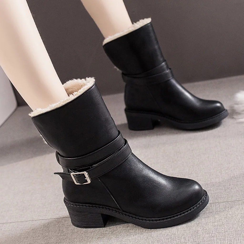 Модные Женские однотонные ботинки средней высоты с пряжкой и ремешком теплые
