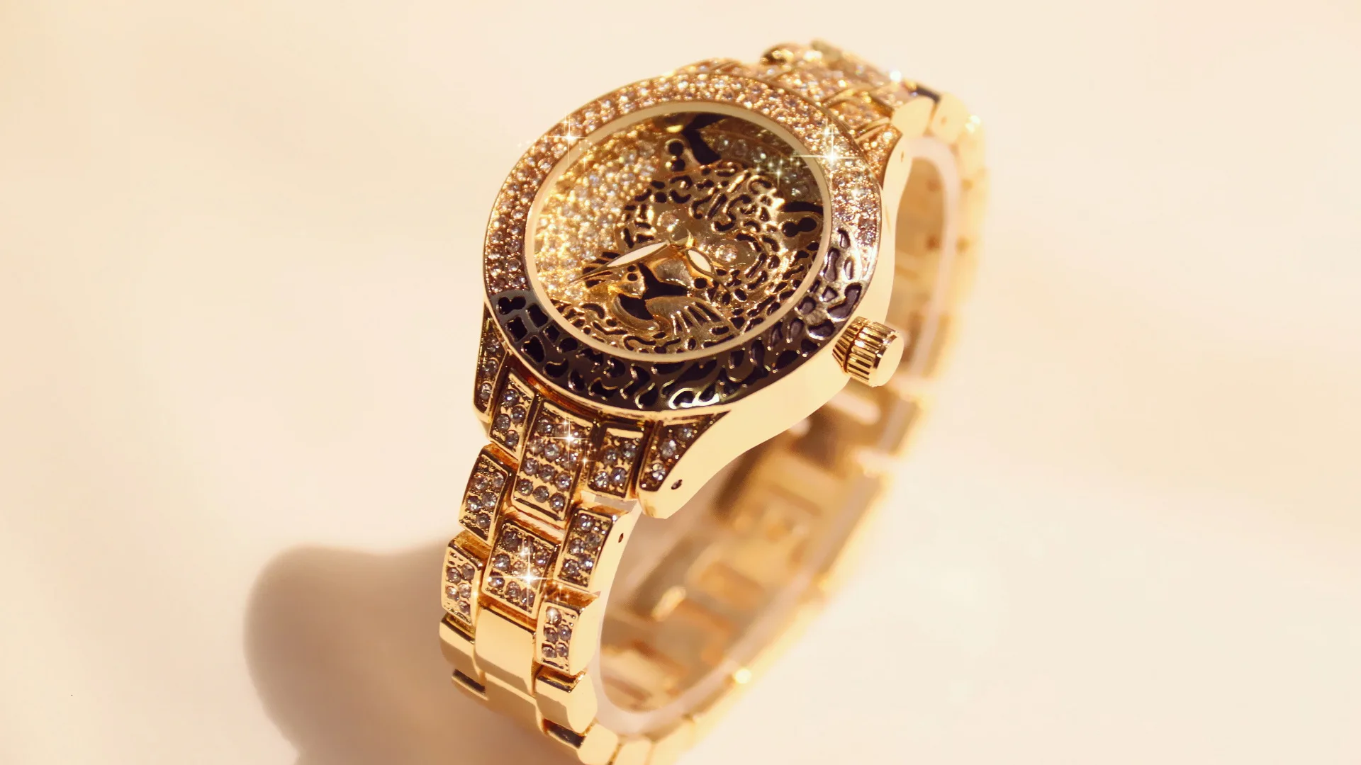 Для женщин часы дамы платье часы Montre Femme Сталь Леопардовый принт стразы браслет для наручных часов с тигром с украшением в виде кристаллов Часы relogio feminino