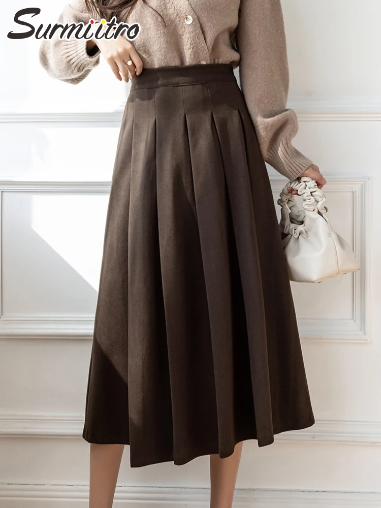 

SURMIITRO 2021 осенне-зимняя теплая шерстяная длинная Плиссированная юбка средней длины в Корейском стиле Женская юбка трапециевидной формы сред...