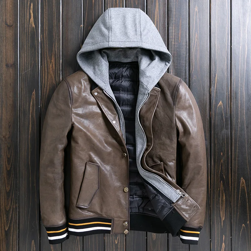 

New Hooded Winter Bomber Jacket Men Casual Genuine Leather Sheepskin Short Coat Streetwear Slim Baseball Outerwear Oversize