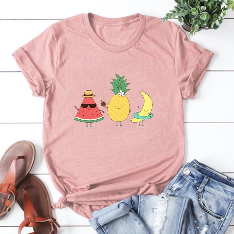 

Tropical Fruits Graphic Tees Women Pineapple Pattern Shirt Hawaii Vacation Travel Vintage Kawaii Clothes Couple T-shirt 2021