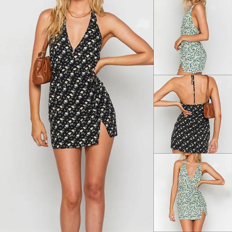 

Summer Floral Print Sleeveless Mini Dress Casual Halter Deep V Neck Short Dress Ladies Tied Waist Women Beach Dress