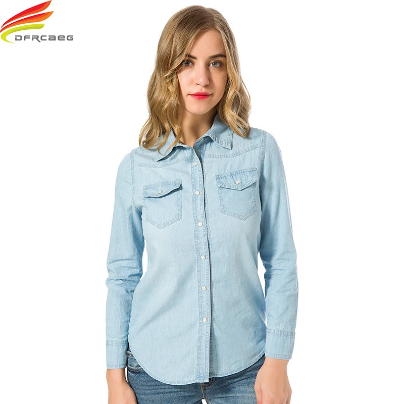

Denim Shirt Women Autumn 2022 Blue And Sky Blue Clothes Plus Size Shirt With Double Pockets Long Sleeve Blouse Elegant Shirts