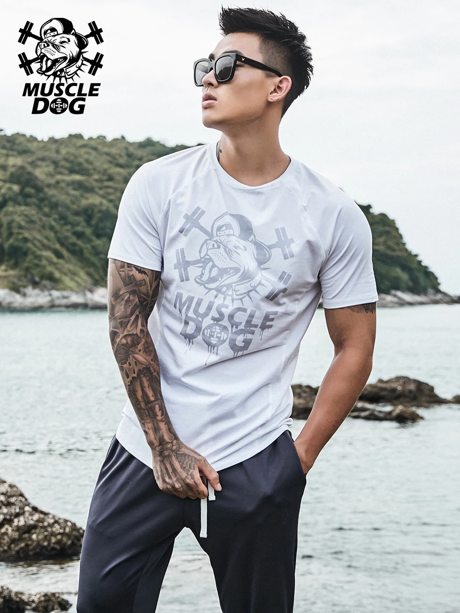 

Muscle dog bodysuit popular logo breathable fast dry stretch Pro top training suit sport short sleeve T-shirt