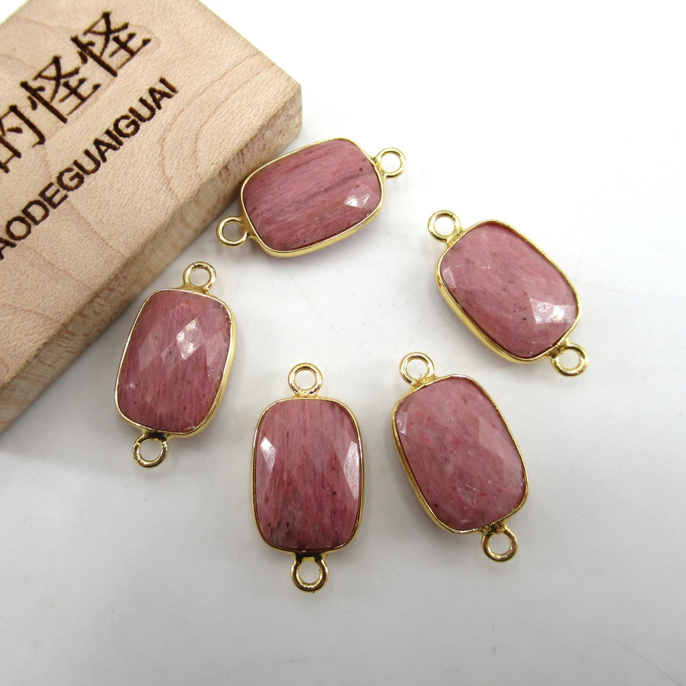 APDGG Wholesale 5PCS Natural Rhodonite Faceted Rectangle Double Bail 24kt Bezel Connector Necklace Pendant Jewelry DIY