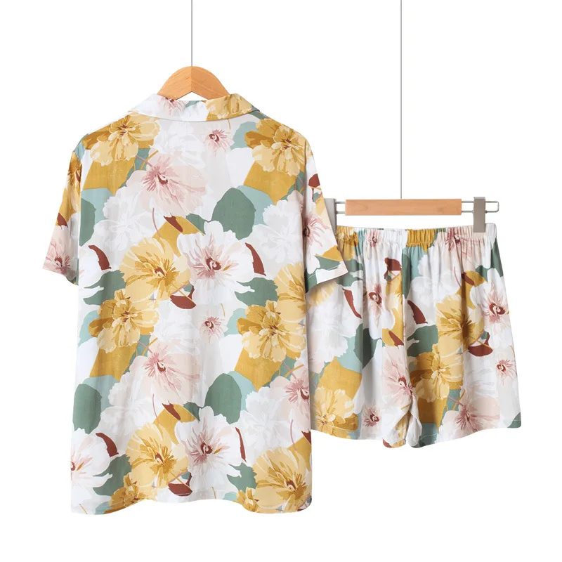 Пижама женская атласная с коротким рукавом одежда для сна отложным воротником