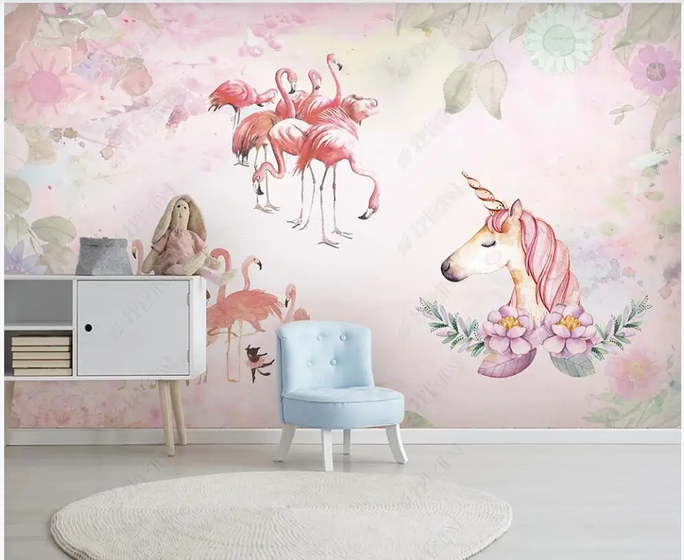 

3d wallpaper for walls in rolls Flamingo Unicorn Pink Floral Kids Room home decor custom mural 3d photo wallpaper on the wall