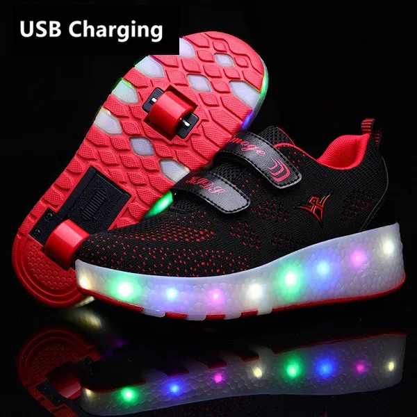 Eur28-43 кроссовки с двумя колесами и зарядкой от usb, светящийся светодиодный светильник, обувь для роликовых коньков, обувь для мальчиков и девочек - Цвет: 159 Red