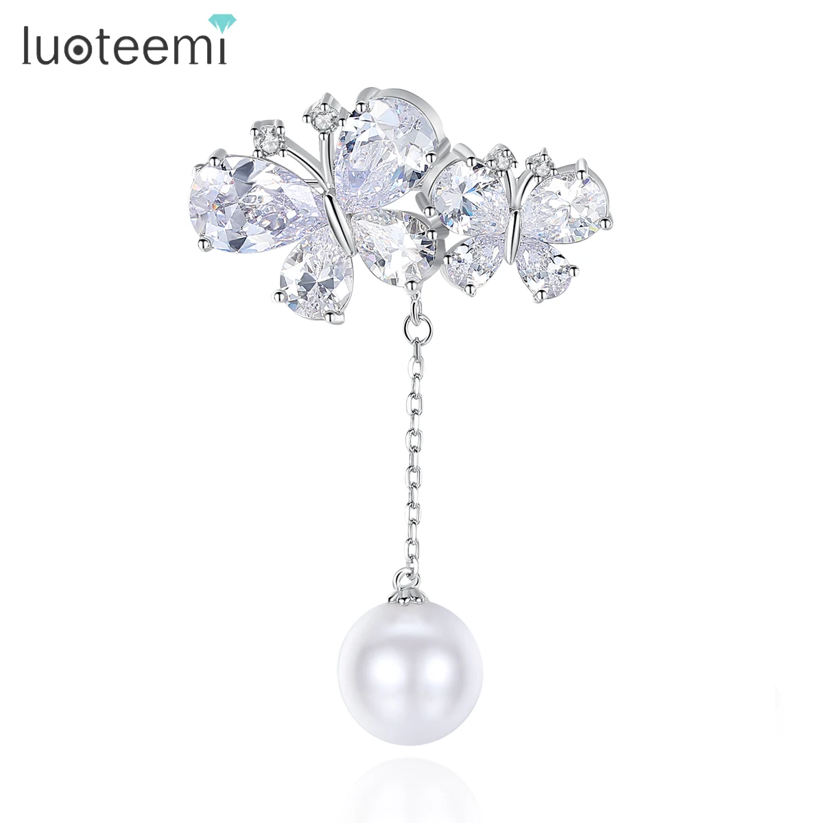 

LUOTEEMI Fashion Butterfly CZ Brooches for Women Butterfly Brooch Pink with Pearl Tassel Cloth Ornaments Accessories Friend Gift