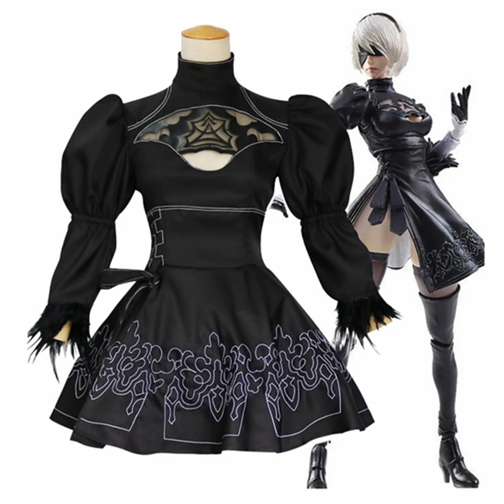 Game Nier Automata Yorha 2B Cosplay Costume Anime Uniform Suit Women Girls Halloween Party Fancy Outfits Black Dress Wig Set |