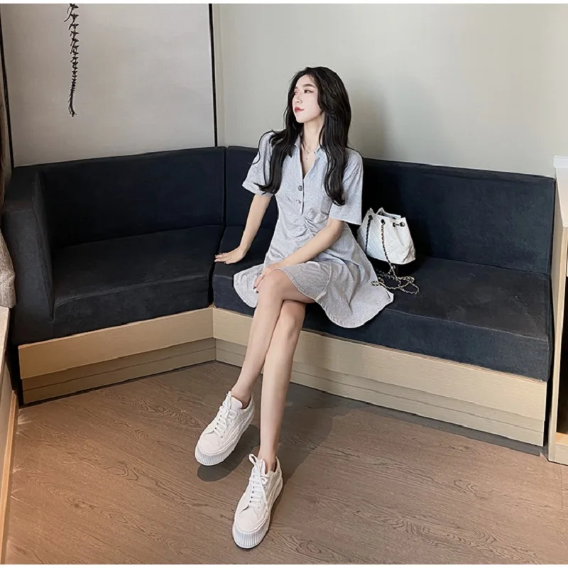 

GRUIICEEN Summer Beach Party Elegant Slim Turn-down Collar Short Sleeve Knitted Folds Empire Tunic Mid Dress Women