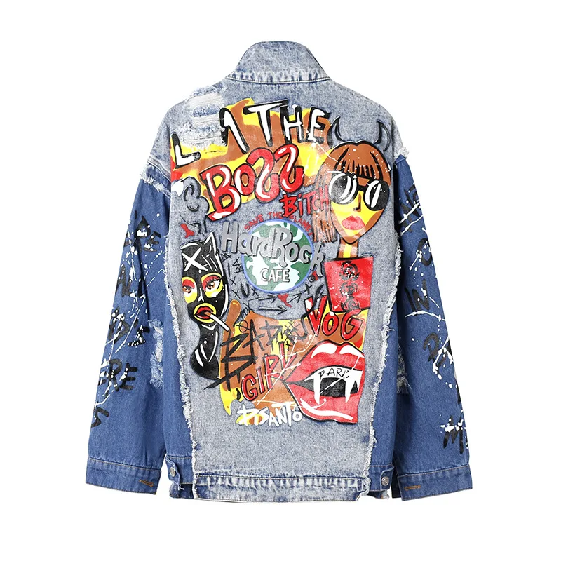 

Cartoon graffiti streetwear jean jacket spring autumn Oversized denim coat women patchwork women's denim jacket loose outerwear