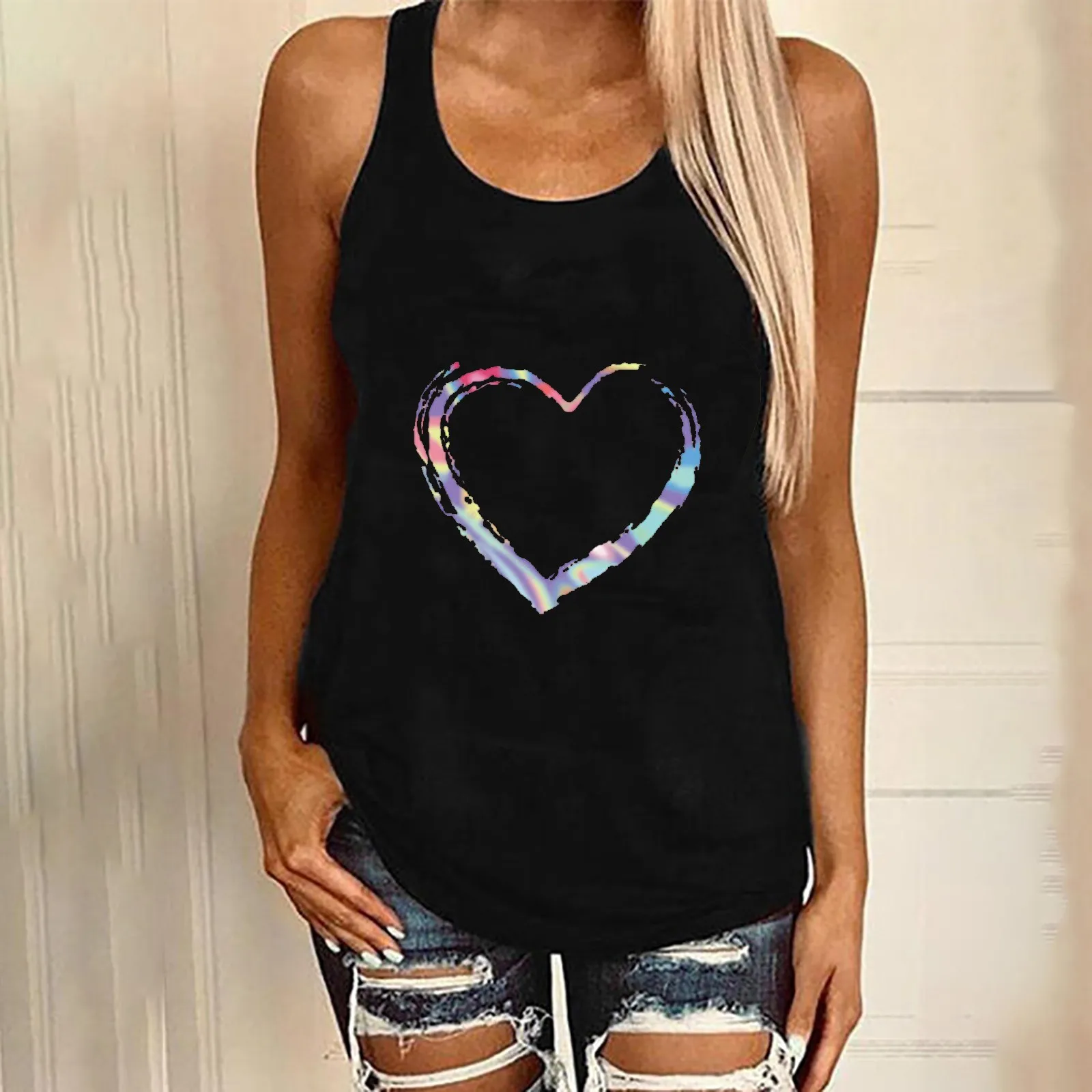 

Vintage Oversized Tanks Women's Casual Sleeveless Summer Top Round Neck Colorful Love Print Undershirt Camis