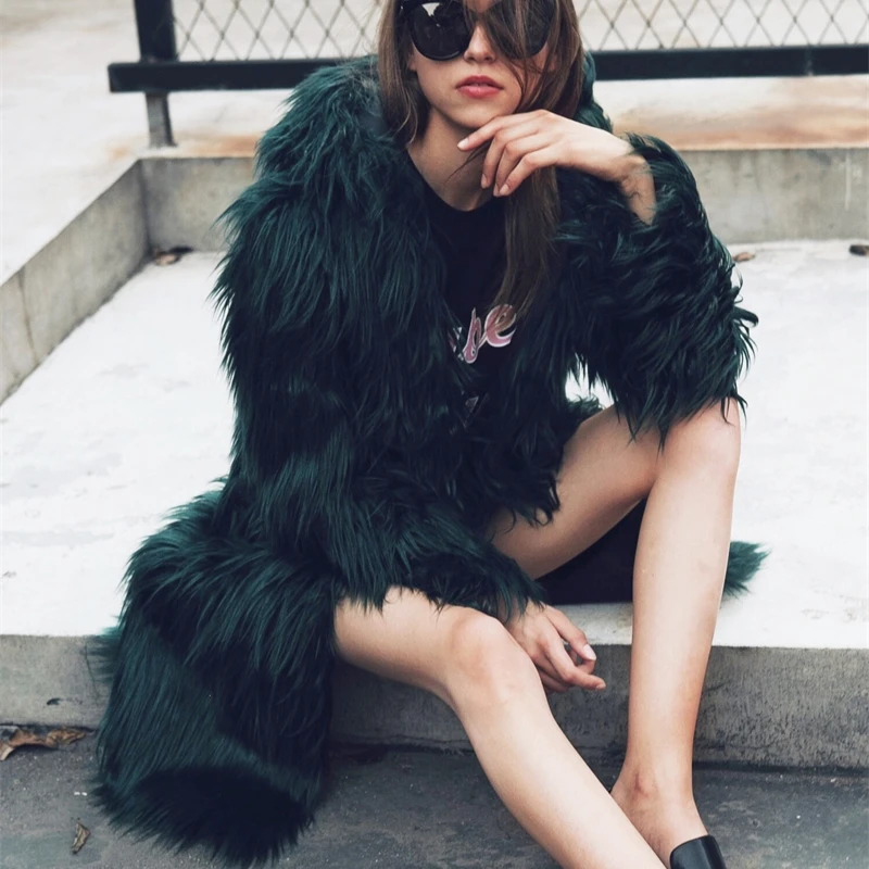 

YOSICIL Fashion Bohemian Long Faux Fur Coat With Hooded Women Plus Size Furry Fake Fur Jacket Winter Overcoat casaco pele