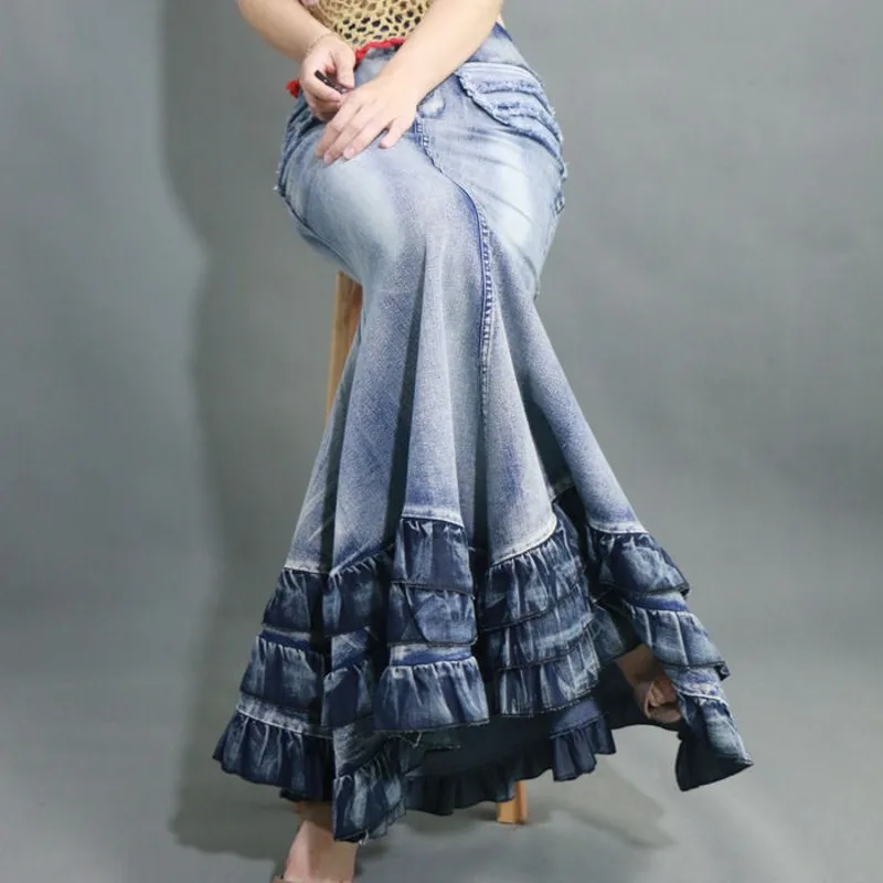 Женская винтажная джинсовая юбка длинная облегающая макси в стиле пэчворк с