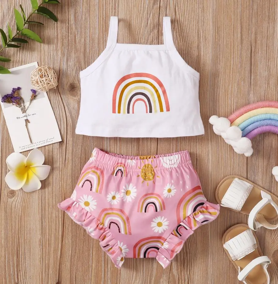 

2021 для новорожденных и маленьких девочек, летняя одежда юбка-пачка для девочек радужных цветов с принтом спагетти ремень квадратный воротн...