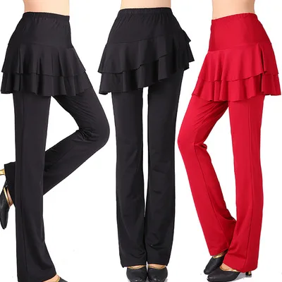 FEECOLOR черные красные штаны для латинских танцев Одежда выступлений фитнес