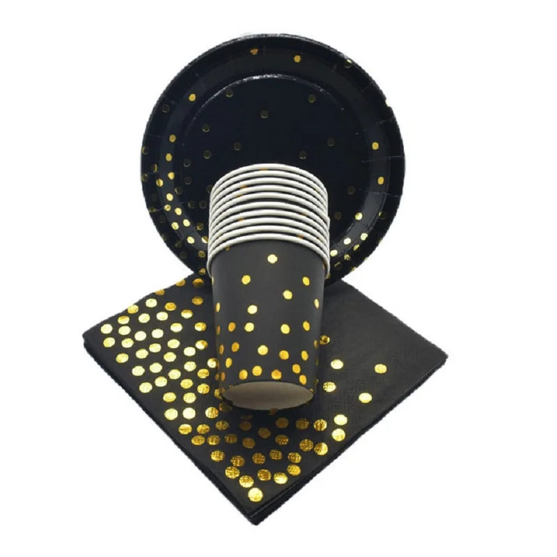 Набор одноразовой столовой посуды из черного золота салфеток чашек ножей ложек