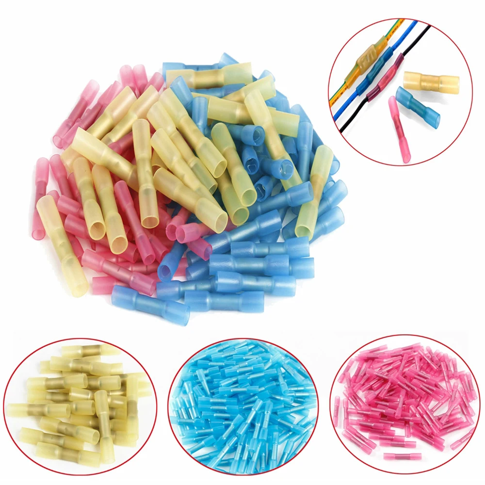 

100pcs/set Waterproof Solder Seal Heat Shrink Solder Butt Crimp Terminals Insulated Electrical Wire Cable Connectors 3 Sizes