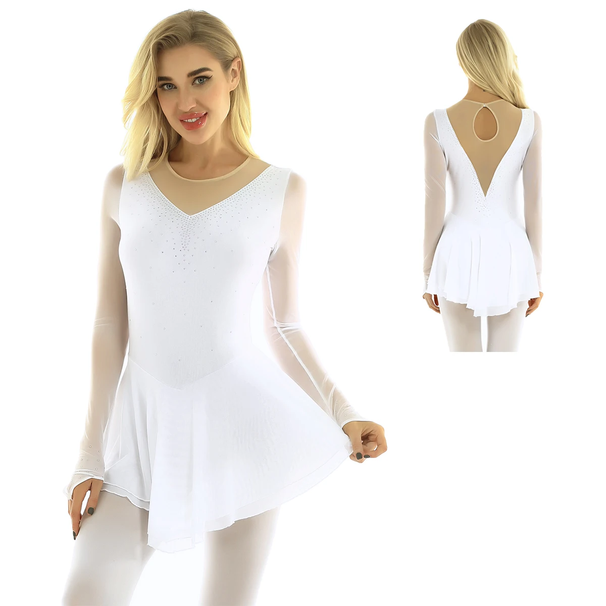 

Womens Ballet Dance Leotard Dress Round Neck Long Sleeve with Fingertip Shiny Rhinestone Figure Ice Skating Roller Skating Dress