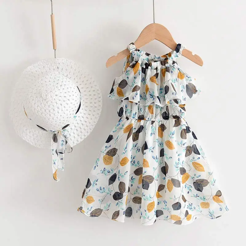 

Girls Princess Dresses Bohemia Style Kids Floral Layered Vestidos With Hat Summer Children Sling Beach Clothing 3-7T