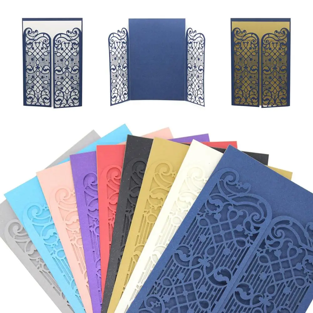 

10Pcs Wedding Invitations Gate Fold Cards Laser Cut Paper Cards Announcement Greeting Postcards For Wedding Birthday Party Decor