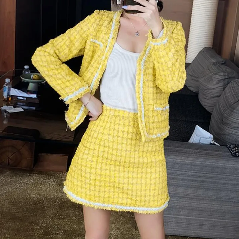 

Костюм ZAWFL женский твидовый из 2 предметов, элегантный укороченный пиджак и облегающая мини-юбка на пуговицах, Осень-зима 2021