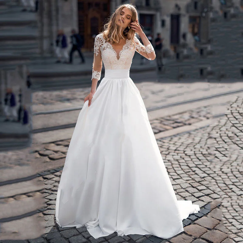

Bohemian Wedding Dress Lace Trim Sleeve Neckline Satin Beach Button Sweep Back Bride