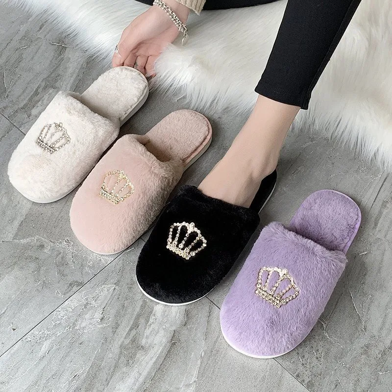 

Winter Fashion Women Home Slippers Faux Fur Warm Shoes Woman Slip on Flats Female Fur 1.5cm Heel Plus Size 36-41