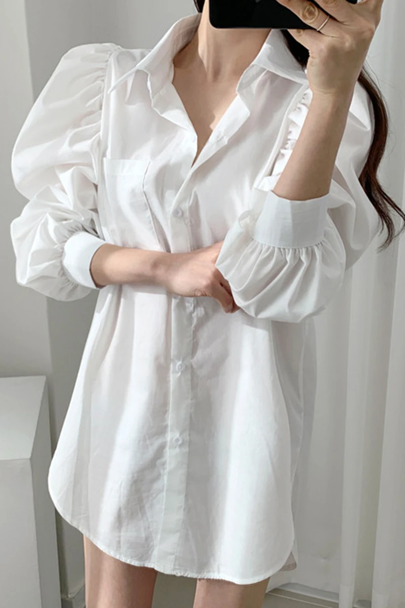 

Temperament Simple Lapel Single Breasted White Mid-Length Shirt Ladies 2021 Spring Loose Pleated Puff Sleeve Female Blouses
