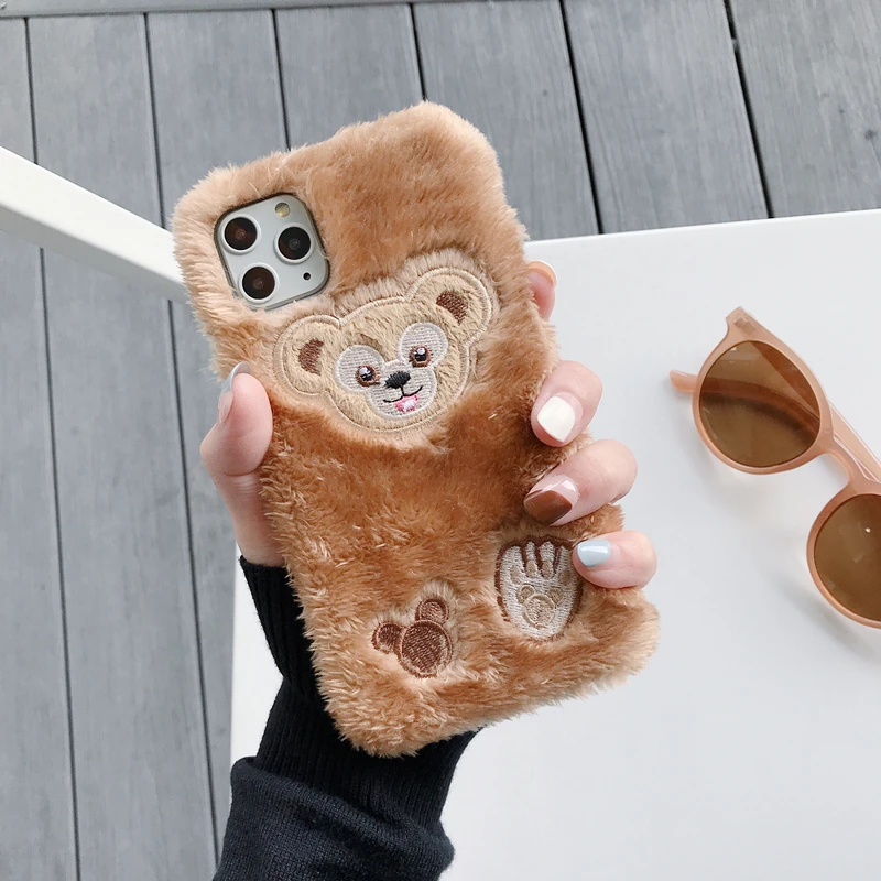Cute 3D Cartoon Rabbit Monkey Fur plush warm phone Case For 7 8 Plus X XS 11 Pro MAX XR Protective Back Cover With Glass Film |