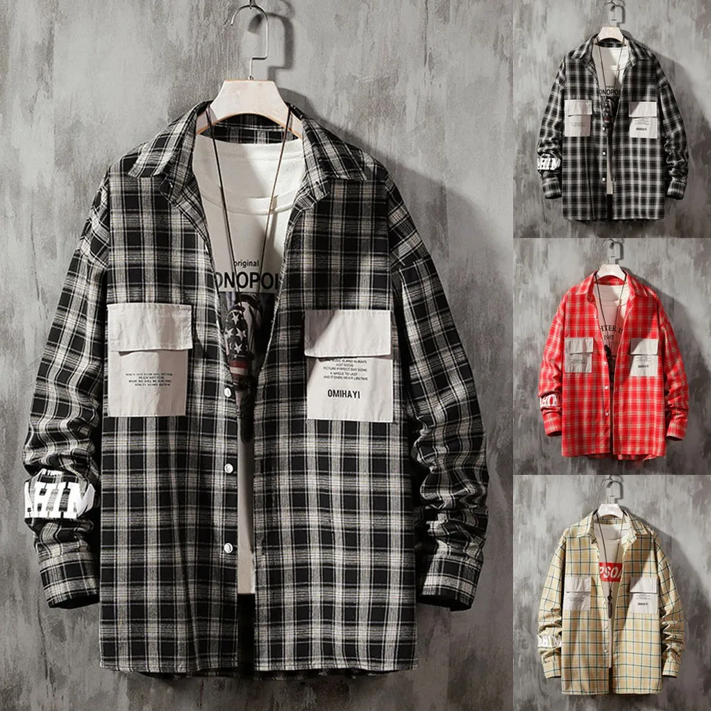 Plaid Shirts Men Casual Button Long Sleeve Autumn Winter Tops Blouse Loose Mens Dress Hip Hop Plus Size M-5XL Camisa Masculina # | Мужская