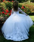 Классическое белое платье для девочки с цветочным принтом и кружевной аппликацией с бантом, бальное платье с длинным рукавом для свадьбы, дня рождения, платья для первого причастия