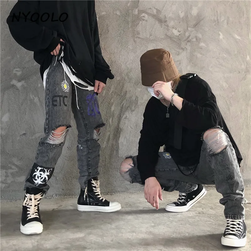 NYOOLO High Street винтажные джинсы с принтом граффити и потертыми дырками осенние тонкие длинные джинсовые мотоциклетные брюки в стиле хип-хоп для женщин и мужчин
