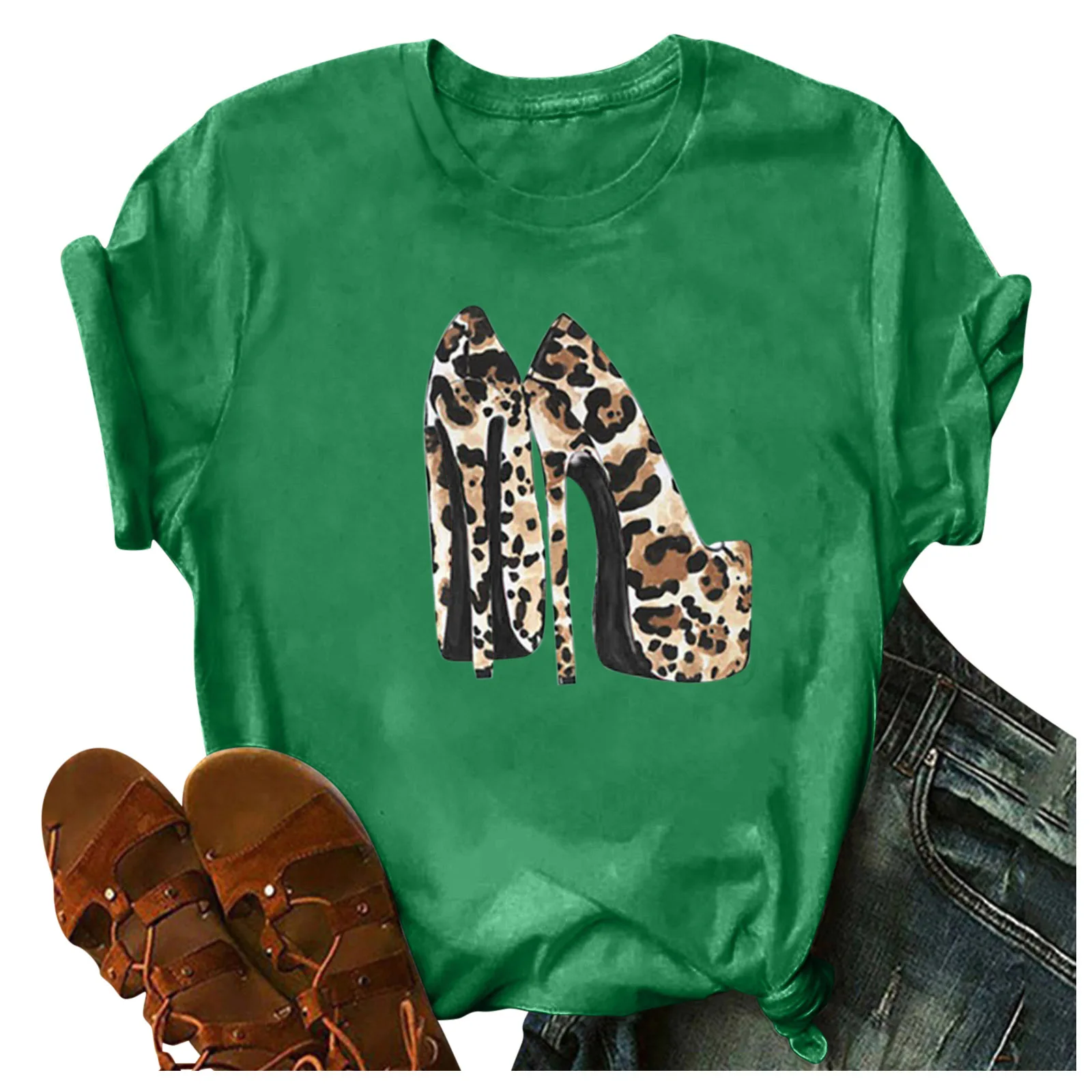 

High-heeled Shoes Leopard Print Women T Shirt Short Sleeve O Neck Loose Women Tshirt Ladies Tee Shirt Clothes Camisetas Mujer