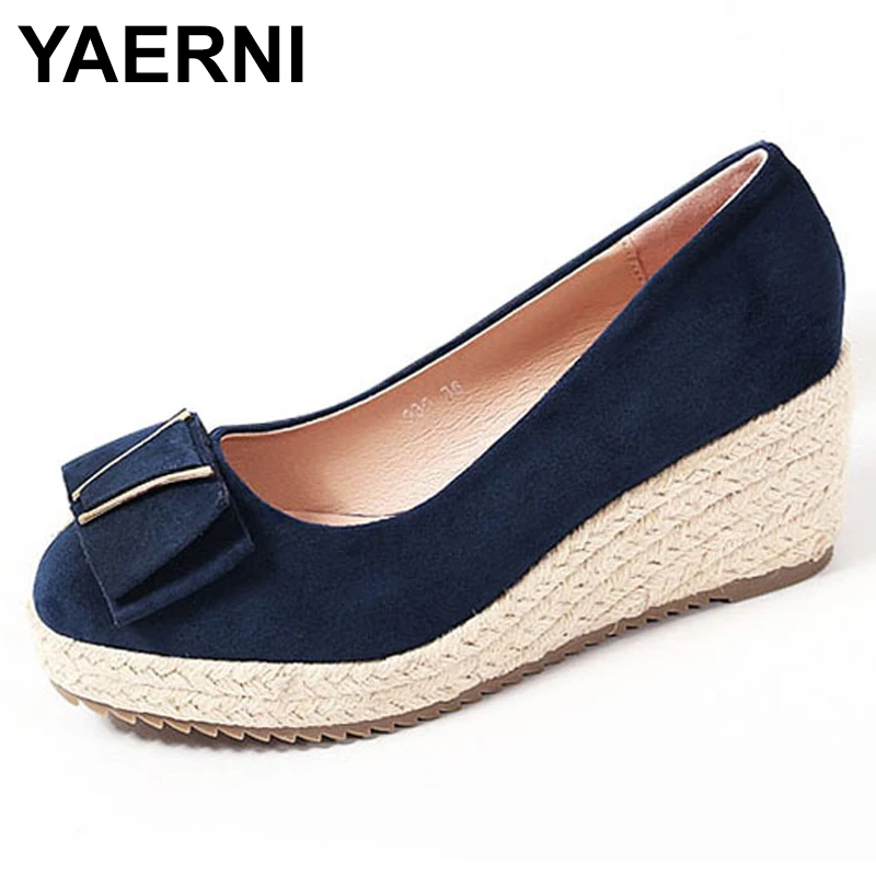 

YAERNI Suede women high heel shoes wedges platform round toe slip on Espadrilles shoes party wedding pumps comfortable shoes