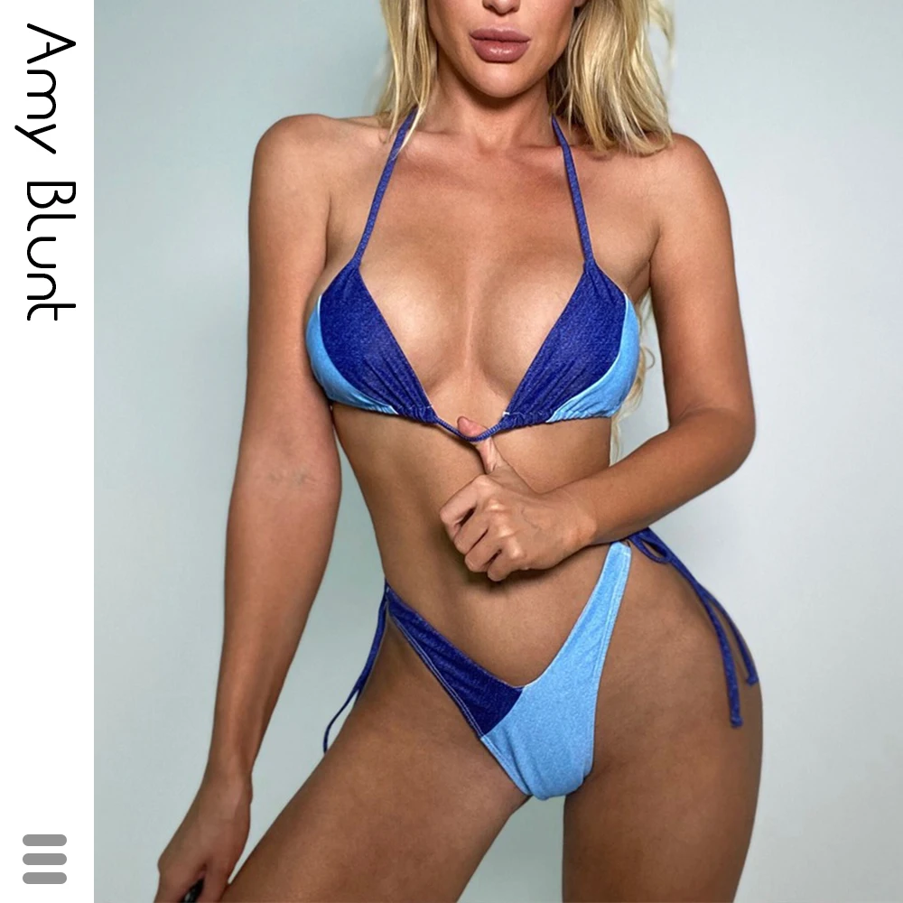 

Sexy V Bar Halter Mid Waist Bikini Female Swimsuit Women Swimwear Two-pieces Bikini set Thong Bather Bathing Suit Swim