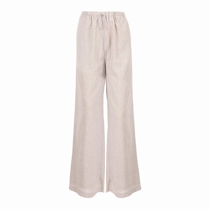 

Women Spring and Summer Thin Elastic Belt Cotton and Linen Wide-leg Pants High Waisted Pants Retro Linen Loose Slim Trousers