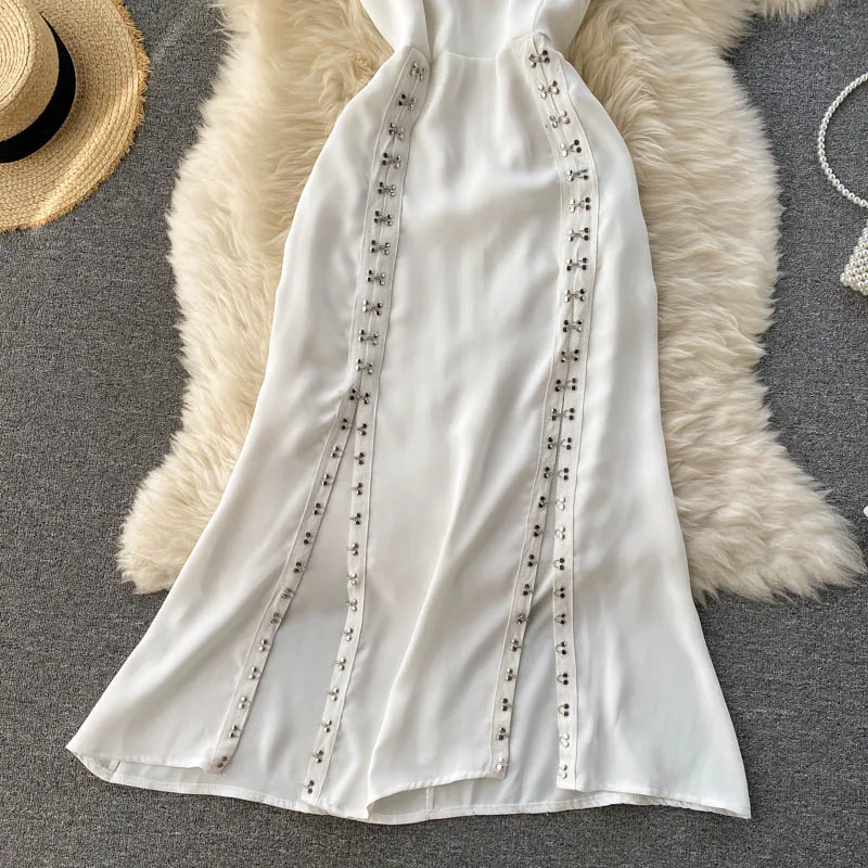 

2021 Summer New Fashion Beach Vestidos Female V-neck Hem Split Sexy Spaghetti Strap Boho Dresses For Women