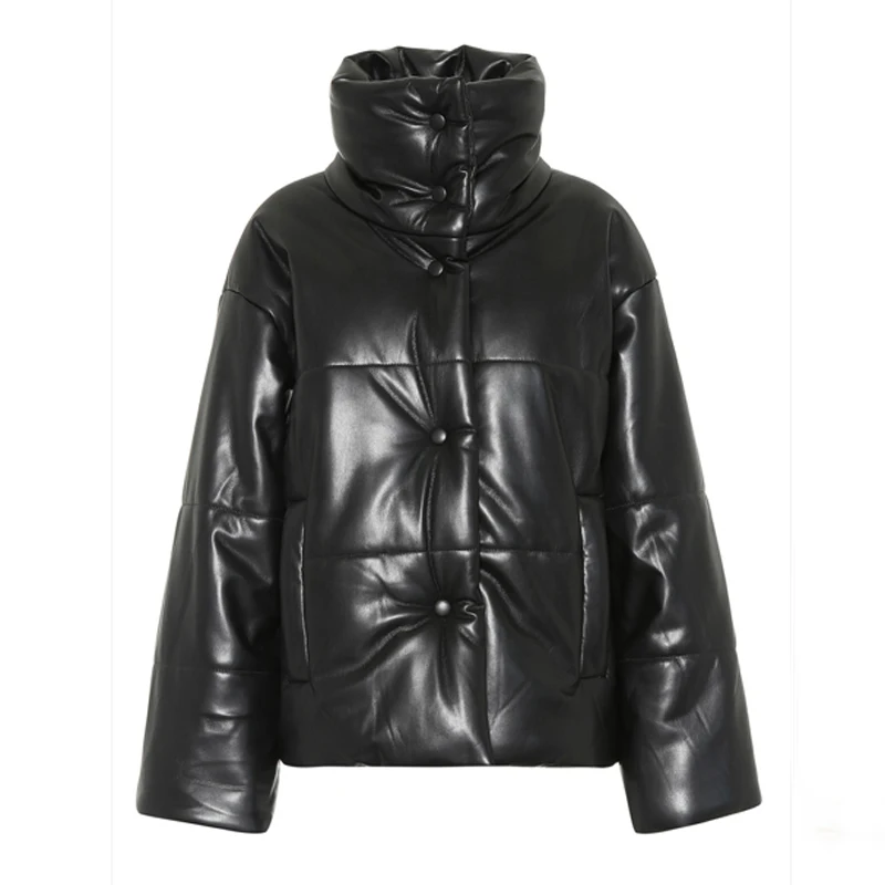 

FAKUNTN 2021 Women Winter Parkas Solid PU Leather Parkas Women High Imitation Leather Coats Women Elegant Thick Cotton Jackets