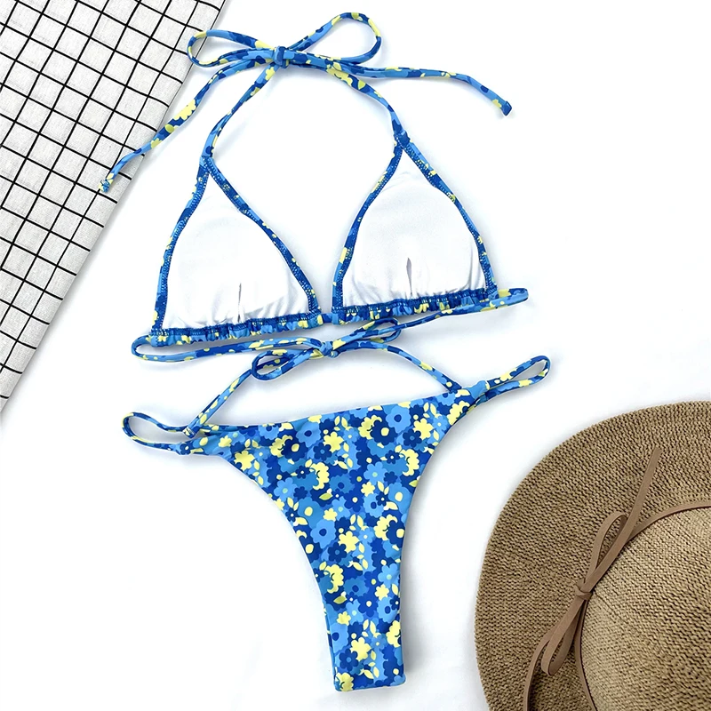 

Blue Swimsuit Floral Print Swimwear Halter Bikini Micro Bandage Swimsuit Women Thong Swimwear Two-pieces Bikini Set Summer New