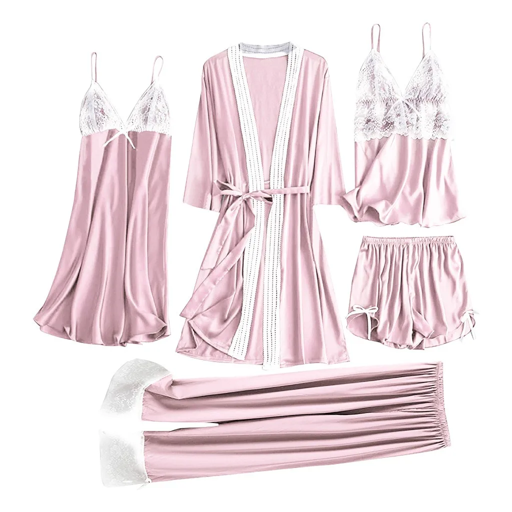 Женский атласный домашний костюм 5 шт. кружевная кофта брюки шорты ночная рубашка